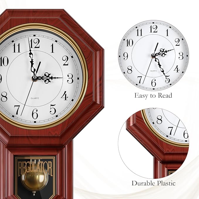 Regulator Wall Clock with Pendulum, Imitation Red Wood Plastic Wall Clock - Image 4