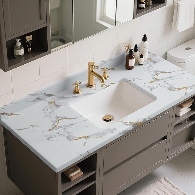 practicalWs Glossy Marble Wallpaper Peel and Stick White/Gold Granite Contact - Image 5