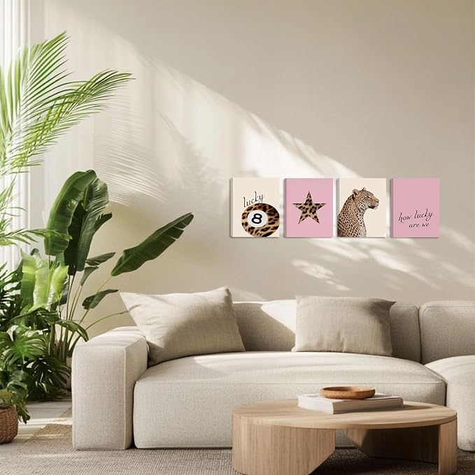SEHSUVC Pink Lucky Leopard Wall Art Set of 4, Vintage Y2K Preppy Aesthetic - Image 4