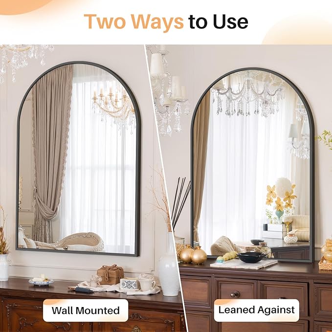 Bathroom Mirror for Wall, 38x26 Inch Arched Mirror, Matte Black Metal Framed - Image 3