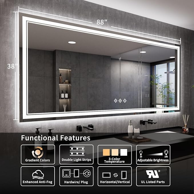 Bathroom Mirrors for Wall, 88x38 Inch Gradient Front and Backlight Big Lighted - Image 2