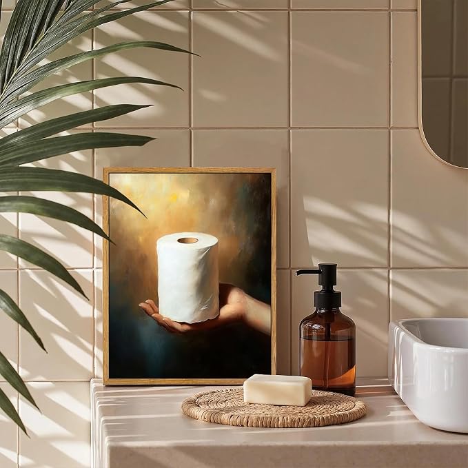 AtterrirArt Framed Funny Bathroom Wall Art, 8 * 10 inch, Hand Holding Toilet - Image 5