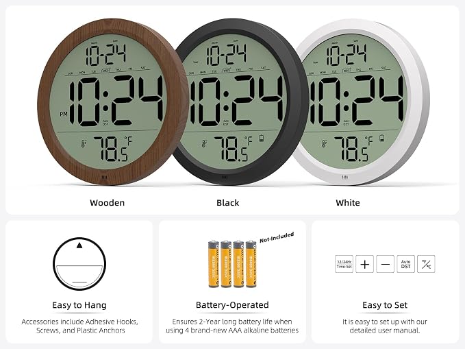 Digital Wall Clock with Date, Indoor Temperature, Battery-Operated Digital Clock - Image 5
