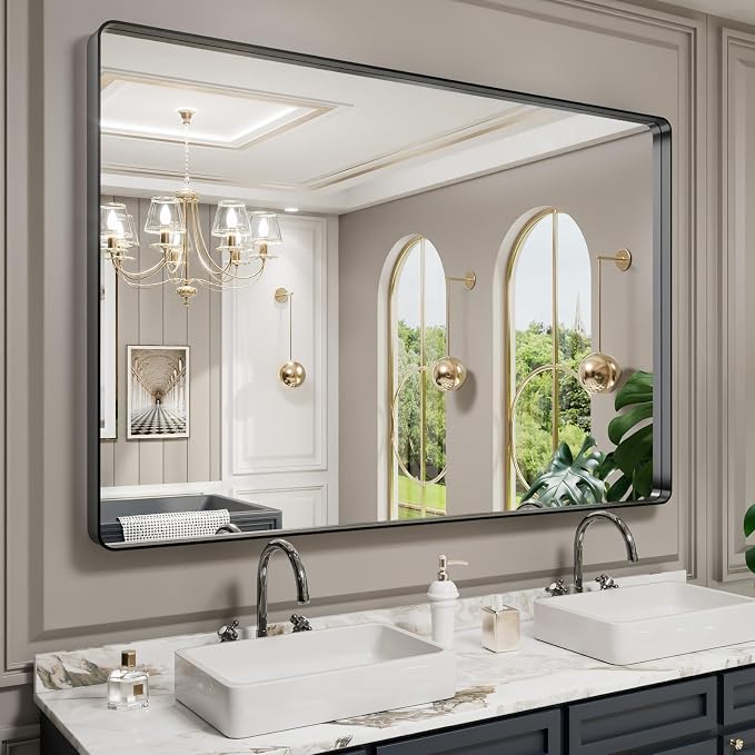 LOAAO 60X40 Inch Black Metal Framed Bathroom Mirror by LOAAO