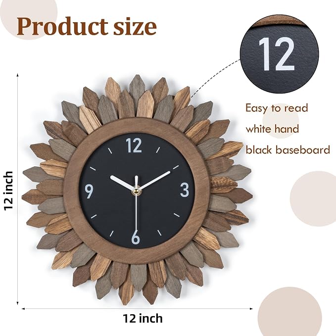 Honiway Wall Clock Battery Operated 12 in Rustic Wood Boho Sunburst Decorative - Image 3