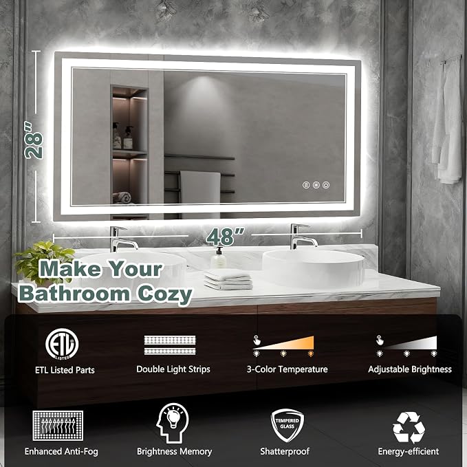 48x28 Inch LED Bathroom Mirror - Image 2