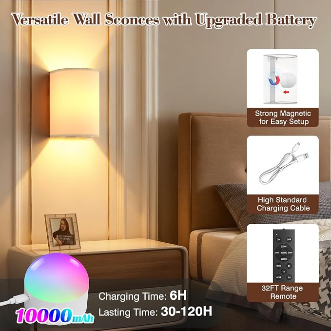Battery Operated Wall Sconce Set of Two: 10000mAh Wireless Wall Light - Image 7