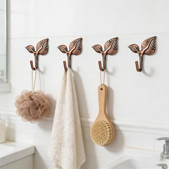 Set of 4 Vintage Leaf Wall Hooks Red Bronze Metal Coat Hooks Heavy Duty - Image 5