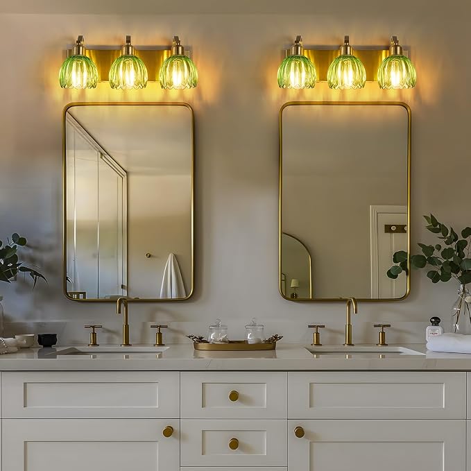 3-Light Vanity Lights with Green Tulip Glass Shade, Vintage Vanity Wall Sconce - Image 2