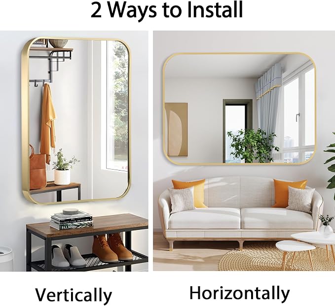 20x28 Inch Gold Bathroom Mirror, Brushed Brass Gold Metal Framed Rectangular - Image 6