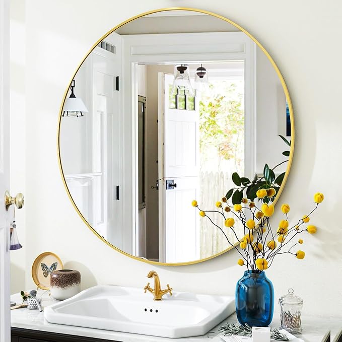 VooBang Gold Round Bathroom Mirror, 24 inch Circle Wall Mounted Hanging Mirror by VooBang
