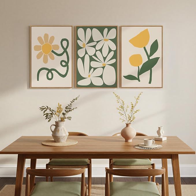Framed Boho Abstract Wall Art Bedroom, 3 Piece Green and Yellow Mid Century - Image 4