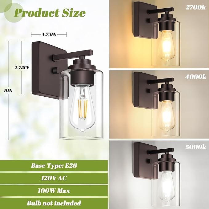 VerRon Set of 2 Wall Sconces for Bathroom, Modern Vanity Light Fixtures - Image 6
