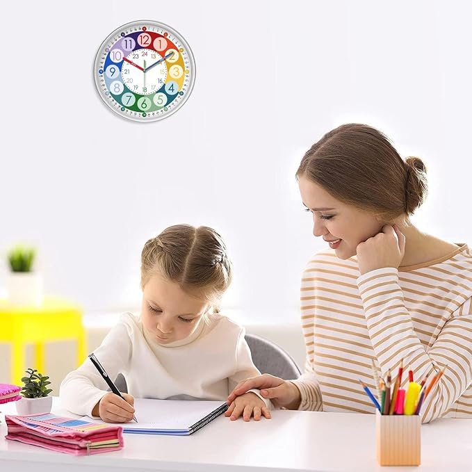 XFM Learning Clock for Kids 8 Inch Silent Wall Clocks Battery Operated Colorful - Image 2