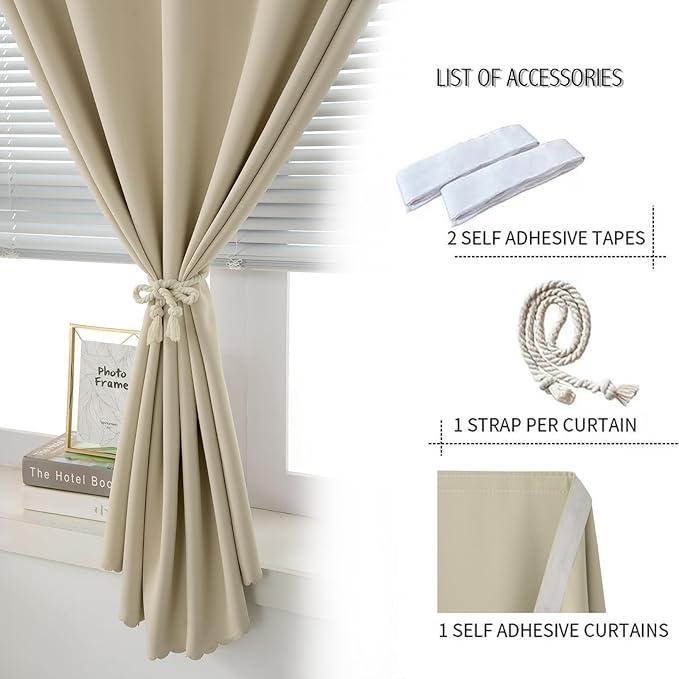 Thermal Blackout Curtains with Self-Adhesive Tape, No Rod No Drill Easy Install - Image 6