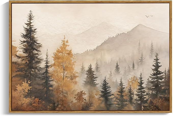OIQArtOIQ Vintage Framed Wall Art Autumn Mountain Landscape Canvas Art Prints by OIQArtOIQ