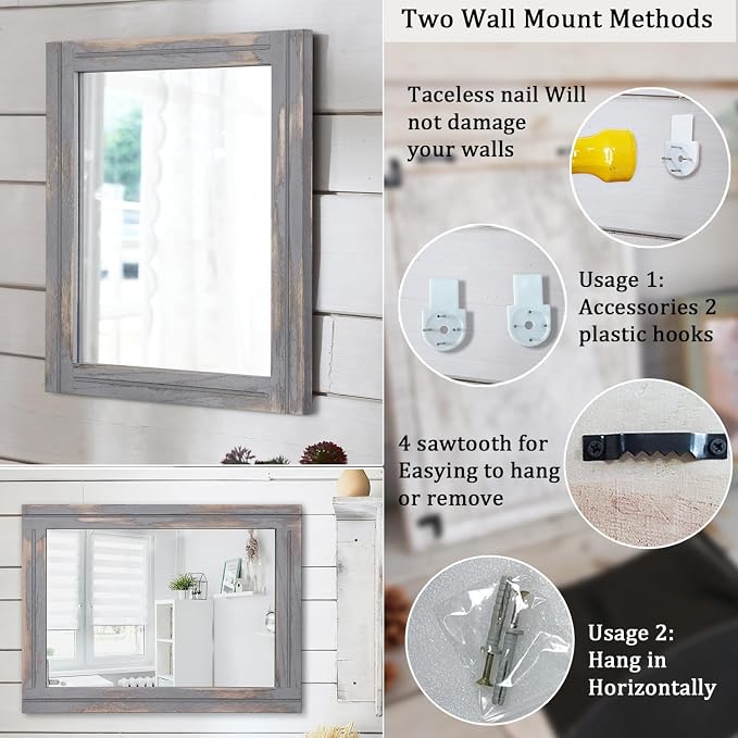 AAZZKANG Wood Framed Mirror Rectangular Rustic Wall Mirrors Decorative Large - Image 3