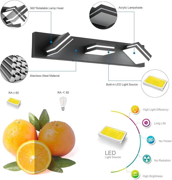 SineRise LED Modern Bathroom Vanity Light Fixtures, Dimmable Matte Black Modern - Image 2