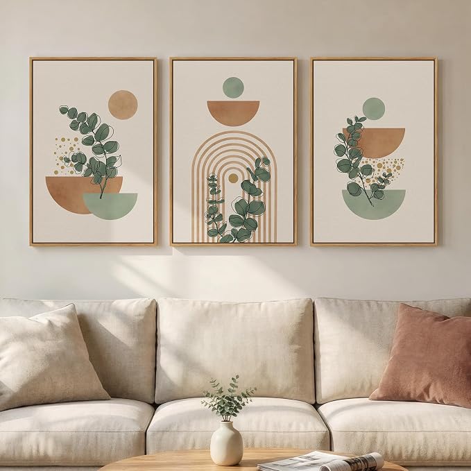 Framed Abstract Boho Wall Art for Living Room, Large Botanical Sage Green Plant by MXART