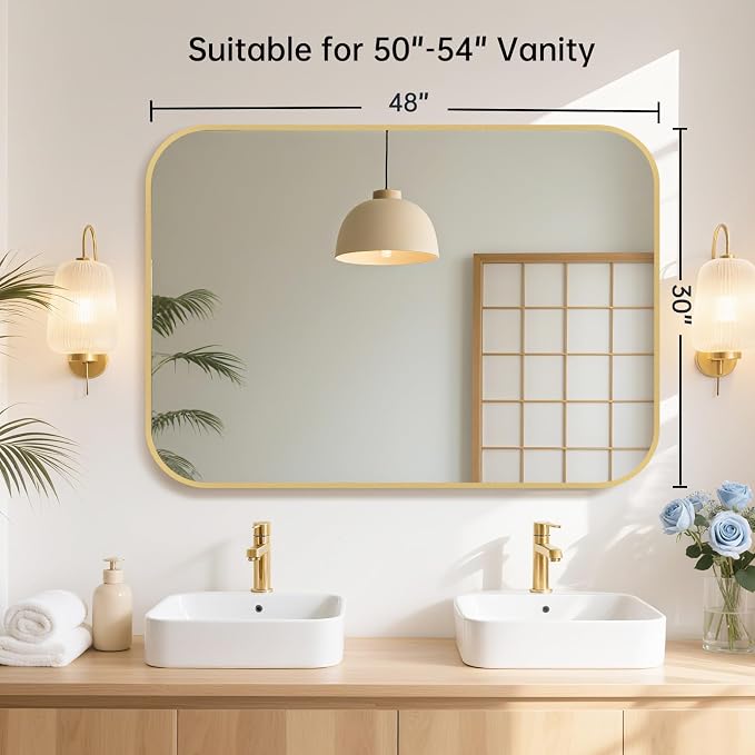 48x30 Inch Gold Bathroom Mirror, Brushed Gold Metal Framed Rectangular Mirror - Image 7