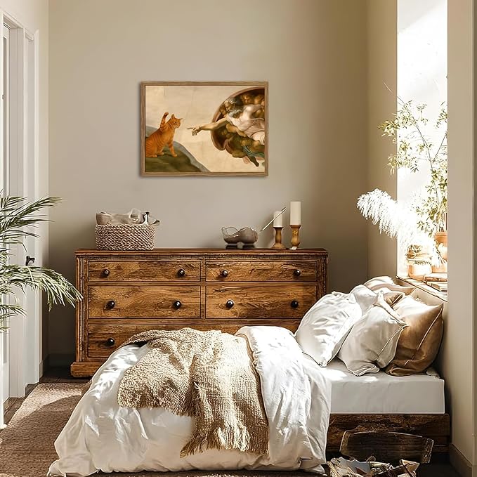 Funny Orange Cat Wall Art Creation of Adam and Cat Wall Decor Painting - Image 5