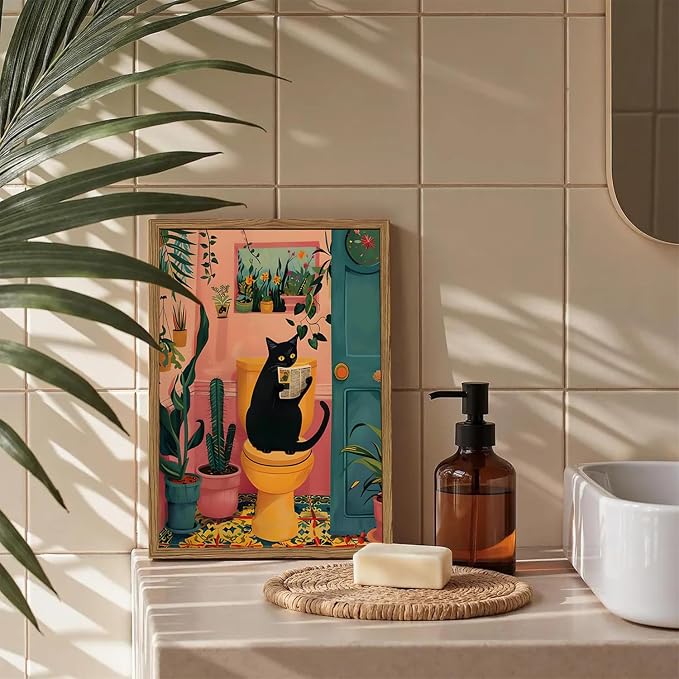 Funny Black Cat Bathroom Wall Art Whimsical Cat Reading Newspaper on Toilet - Image 7