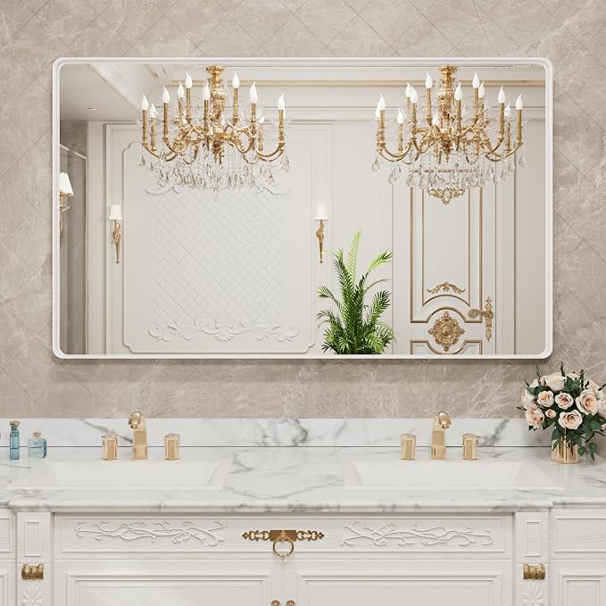 LOAAO 60x28 Inch White Metal Framed Bathroom Mirror - Image 8