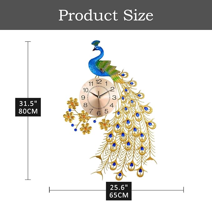 Large Peacock Wall Clock for Living Room Decor, Mid Century Decorative Big Wall - Image 6