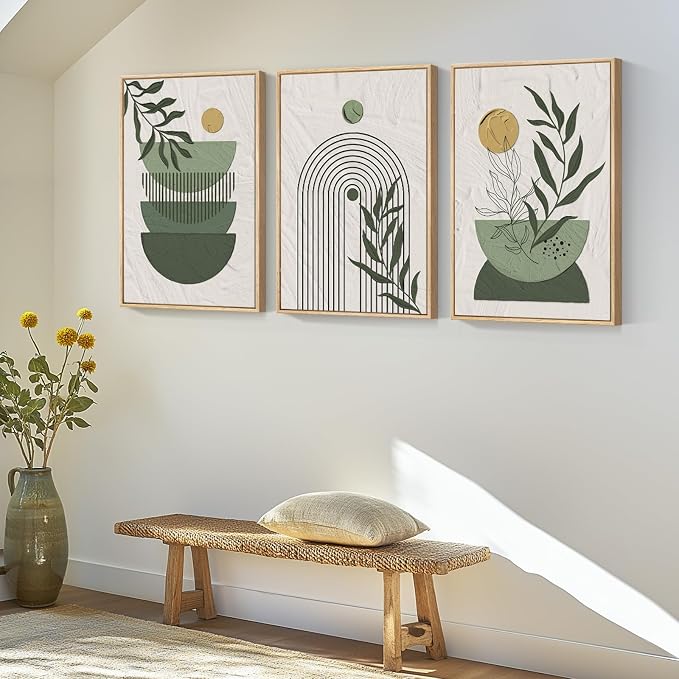 Framed Sage Green Boho Wall Art Bedroom, 3 Piece Bohemian Botanical Paintings - Image 2