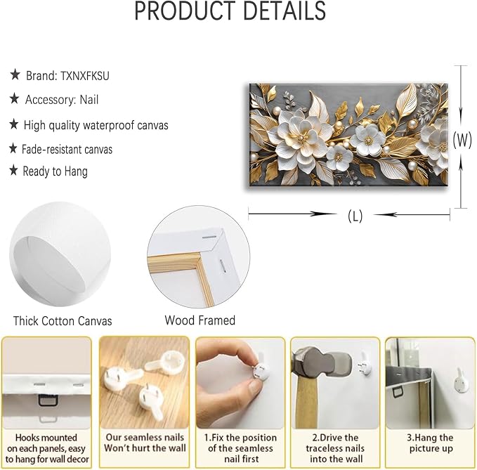 Large Living Floral Canvas Wall Art Gold White Plant Abstract Decor painting - Image 2