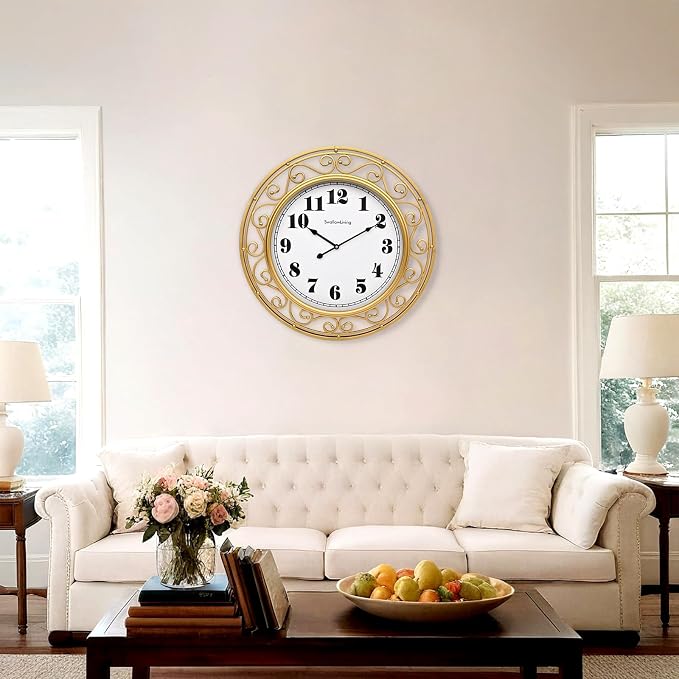 SwallowLiving 24 Inch Vintage Iron Large Metal Frame Gold Wall Clock Silent - Image 4