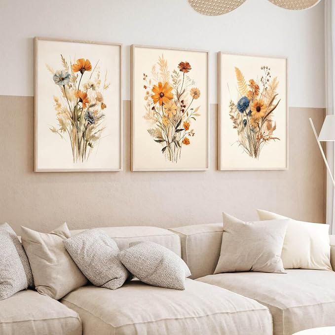Botanical Floral Wall Art Set of 3 Vintage Wildflower Canvas Wall Decor - Image 4