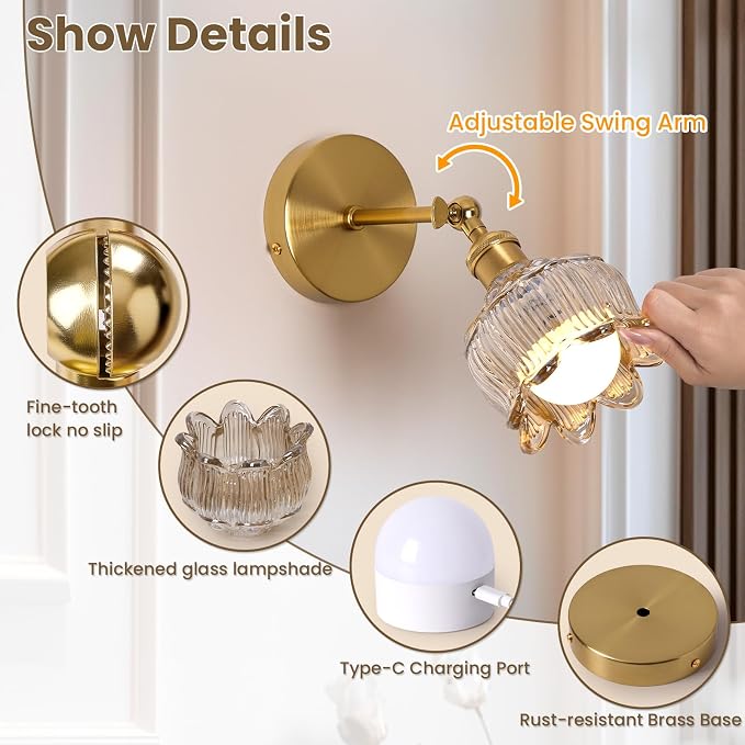 Vintage Battery Operated Wall Sconces - 5000mAh Rechargeable Dimmable Lights - - Image 5