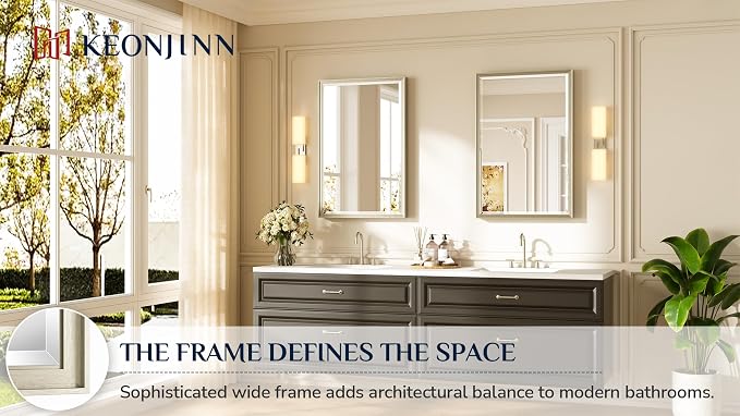 Keonjinn Brushed Nickel Bathroom Mirror 24" x 36", Sculpted Wide Frame - Image 7