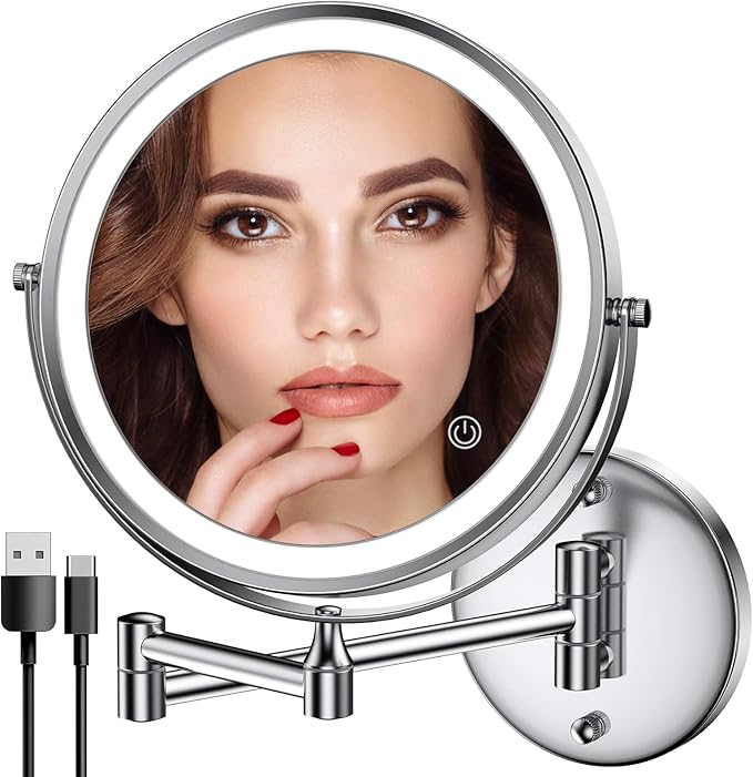 Rocollos Rechargeable Wall Mounted Lighted Makeup Mirror Chrome, 8 Inch by Rocollos