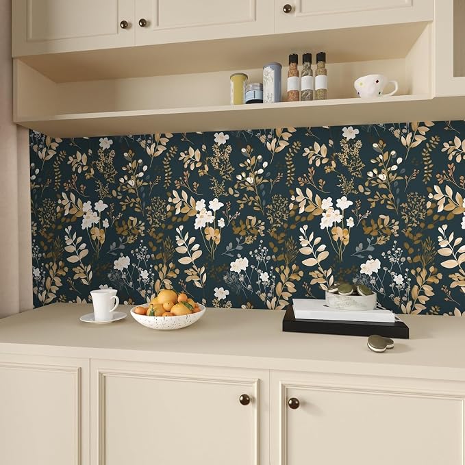 Laatse Navy Floral Wallpaper Peel and Stick Boho Wallpaper Vintage Blue/Gold - Image 3