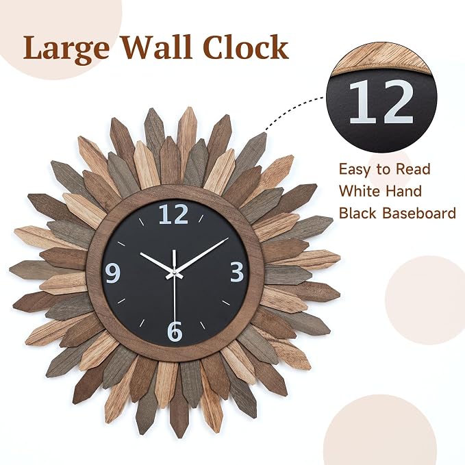 Honiway 14 Inch Wall Clock, Rustic Wood Boho Sunburst Decorative Wall Clocks - Image 7
