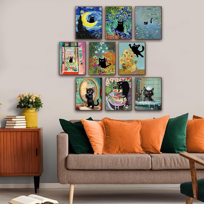 9Pcs Funny Black Cat Wall Art Cats in van gogh Famous Paintings Posters Prints - Image 4