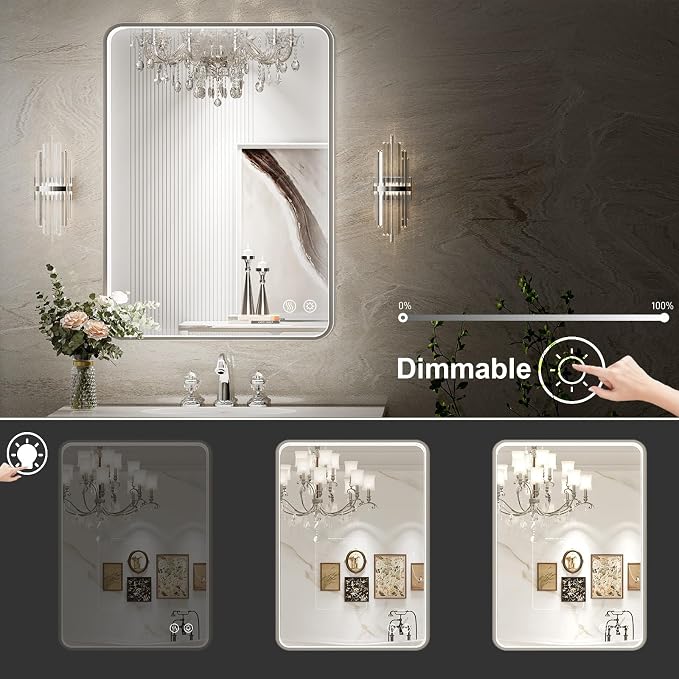 LED Bathroom Mirror with Lights, 24x32 Inch Brushed Silver Framed Lighted - Image 3
