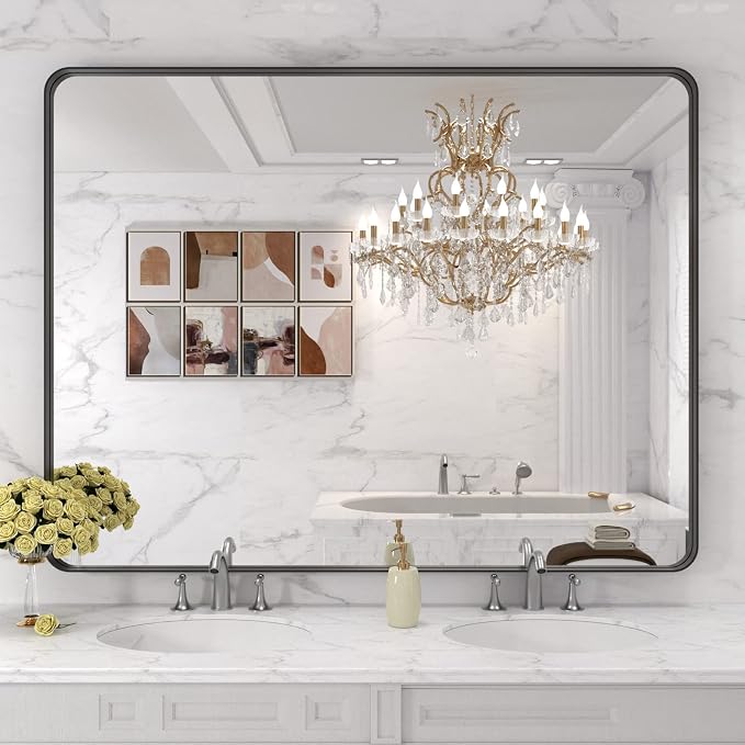 LOAAO 48x36 Inch Black Metal Framed Bathroom Mirror - Image 7