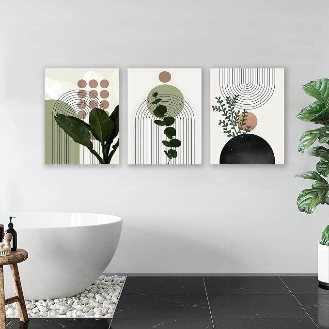Sage Green Boho Wall Art, KBKBART Abstract Framed Canvas Wall Art Palm Leaf Sun - Image 5