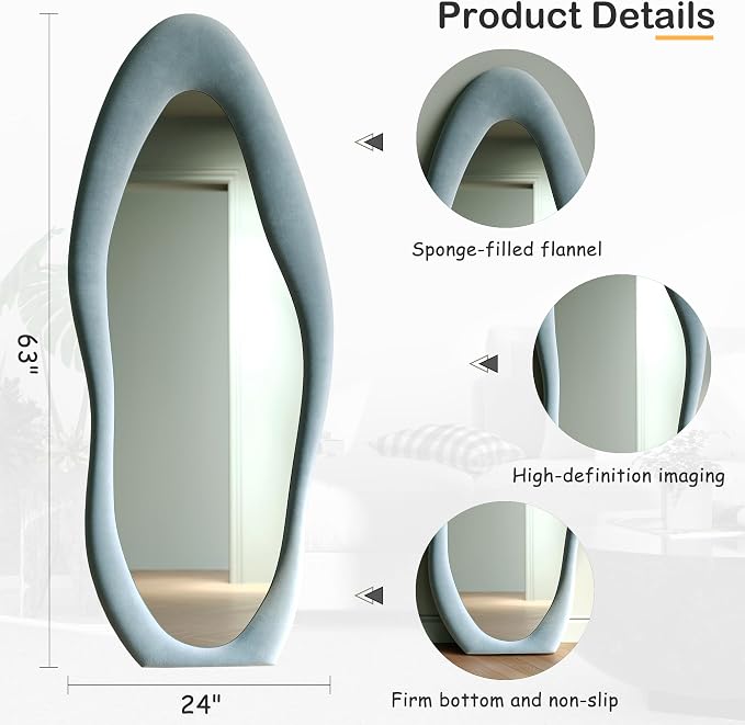 Honyee Full Length Mirror, Flannel Wrapped Wooden Frame Full Body Mirror - Image 5