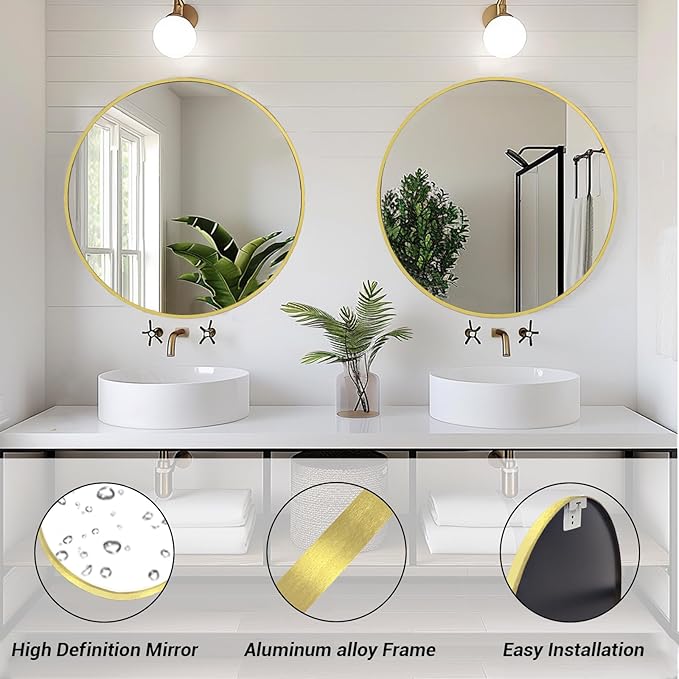 Sunniry Gold Round Mirror 16 inch, Small Round Mirror, Brushed Metal Frame - Image 2
