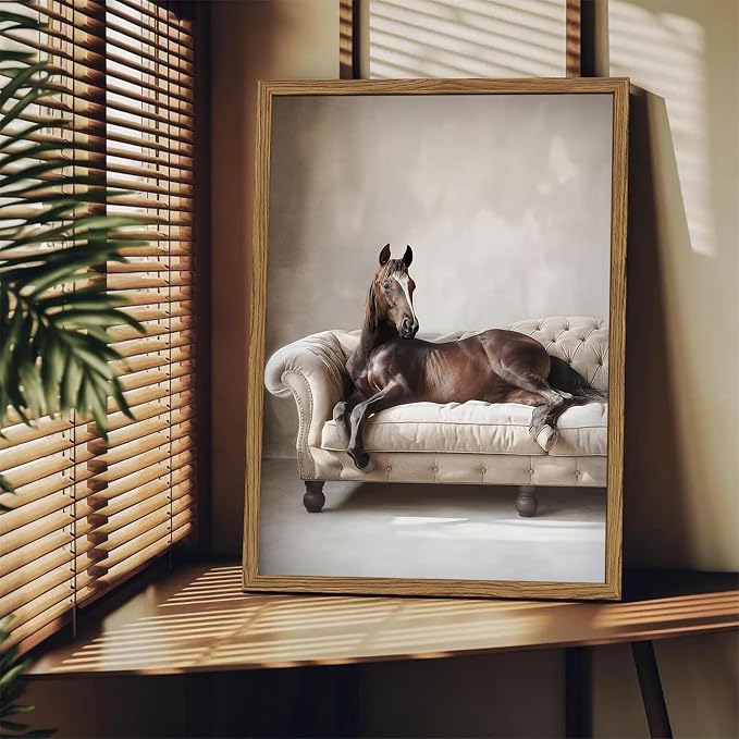 Framed Funny Horse Canvas Wall Art, Vintage Western Brown Horse On Sofa - Image 2
