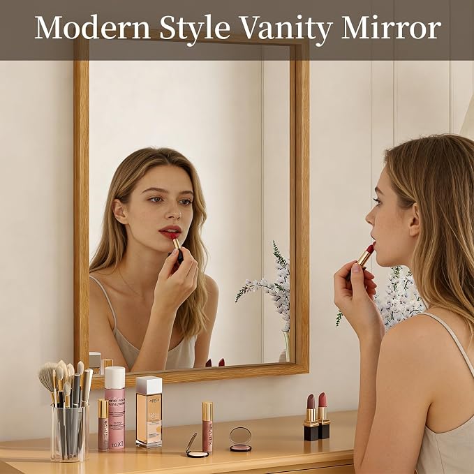 Syndra Natural Wood Frame Bathroom Mirror, 24x36'' Modern Vanity Mirror - Image 4