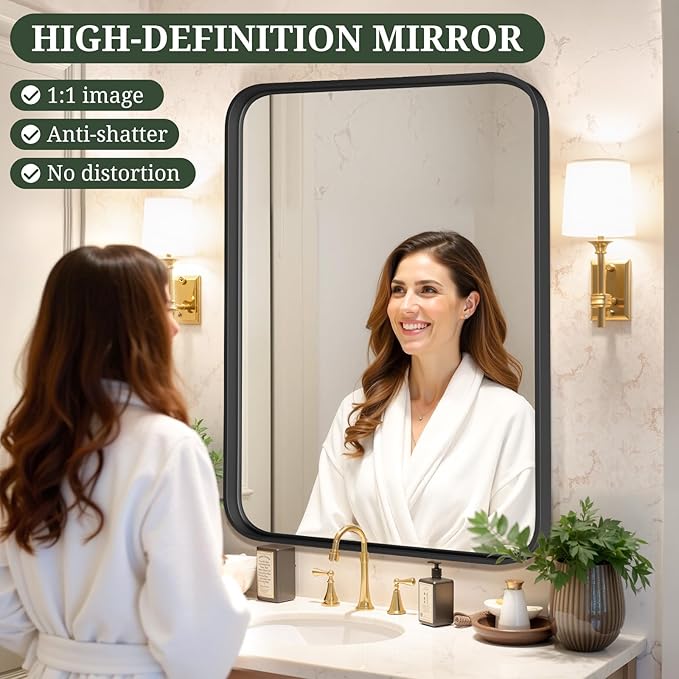 Bathroom Mirror 36x24 Inch Black Metal Frame Rectangle Vanity Mirror - Image 4