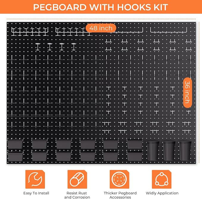 INCLY 226PCS Metal Pegboard Wall Organizer, 48x36 Inch Black Peg Board Panels - Image 7