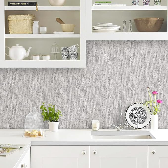 Grey Grasscloth Peel and Stick Wallpaper Faux Linen Contact Paper 15.7inch x - Image 2
