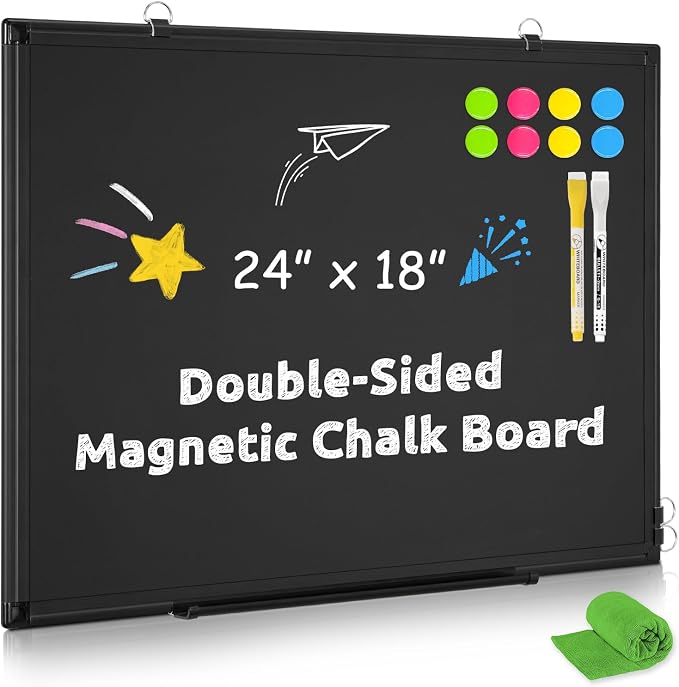 Magnetic Chalk Board, 24“x18” Black Chalkboard Double-Sided Dry Erase Board by WALGLASS