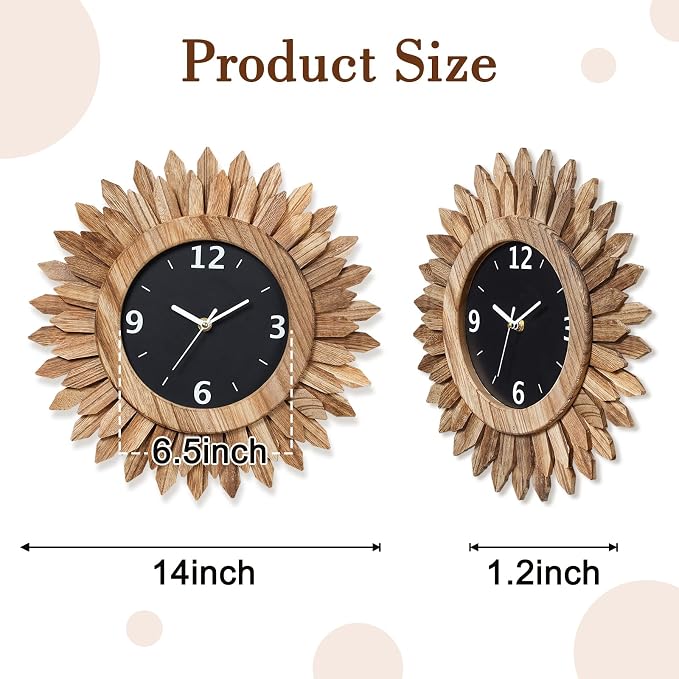 Honiway 14 Inch Wall Clock, Rustic Wood Boho Sunburst Decorative Wall Clocks - Image 5